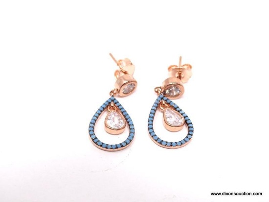 STUNNING ROSE GOLD PLATED TURQUOISE & TOPAZ DANGLE EARRINGS. NEW HIGH QUALITY STERLING SILVER.