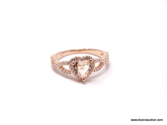 ROSE GOLD PLATED MORGANITE INFINITY HEART RING. SIZE 7. NEW HIGH QUALITY STERLING SILVER.