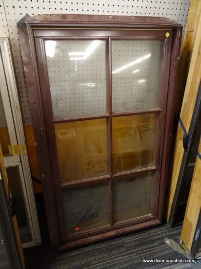 WINDOW; SINGLE PANED CASED WINDOW IN BURGUNDY. MEASURES 31 IN X 7 IN X 49 IN