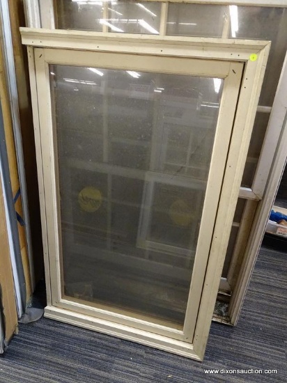 WINDOW; SINGLE PANED CASED WINDOW IN WHITE. MEASURES 38.5 IN X 6 IN X 50 IN