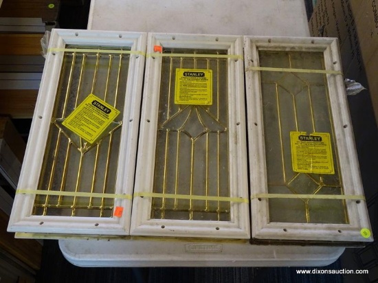 LOT OF (3) STANLEY SINGLE PANE WINDOWS. WHITE BORDER WITH GLASS & BRASS CENTER. MEASURES APPROX.