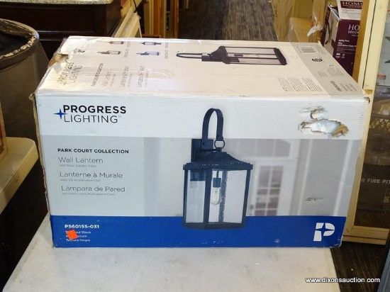 PROGRESS LIGHTING PARK COURT COLLECTION WALL LANTERN. TEXTURED BLACK IN COLOR. ITEM #P560155-031.
