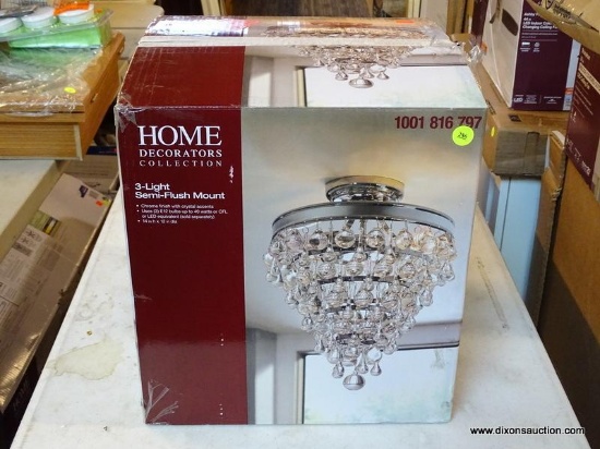 HOME DECORATORS COLLECTION 3-LIGHT SEMI-FLUSH MOUNT LIGHT. CHROME FINISHED WITH CRYSTAL ACCENTS.
