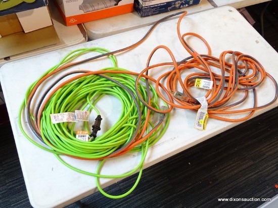 LOT OF (2) EXTENSION CORDS TO INCLUDE: A RIDGID 50' 12 GAUGE CORD & A HUSKY 100' 16 GAUGE CORD. SOLD