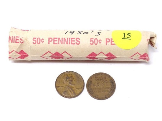 ROLL OF (50) WHEAT PENNIES - 1930'S.