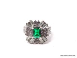 .925 STERLING SILVER LADIES 1 1/4 CT EMERALD COCKTAIL RING. SIZE 8.
