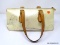 LOUIS VUITTON PALE YELLOW PATENT LEATHER PURSE WITH BROWN LEATHER HANDLES. MEASURES APPROX. 13 X 5