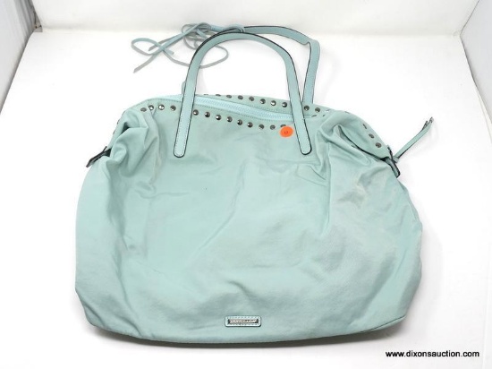 REBECCA MINKOFF MINT GREEN HAND BAG WITH METAL STUD DETAILING AND SIDE SNAPS. MEASURES APPROX. 14" X