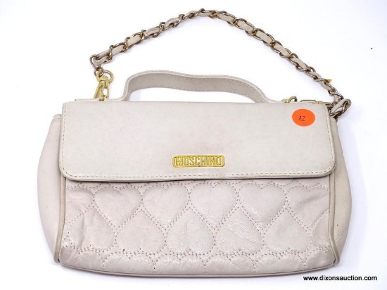 MOSCHINO BEIGE COLORED HEART QUILTED LEATHER CLUTCH/HANDBAG WITH FRONT FLAP. MEASURES APPROX. 9" X