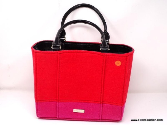 KATE SPADE RED, PINK, AND BLACK BUTTON UP HANDBAG. MEASURES APPROX. 12" X 5". SHOWS VERY MINIMAL
