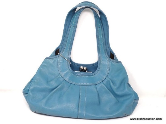 COACH TEAL BLUE LEATHER HANDBAG WITH SNAP CLOSURE CENTER POCKET. MEASURES APPROX. 14" X 8". SHOWS