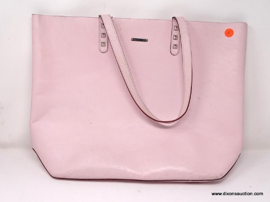 REBECCA MINKOFF PALE PINK LEATHER TOTE BAG WITH STUD DETAILING. MEASURES APPROX. 18" X 13". SHOWS