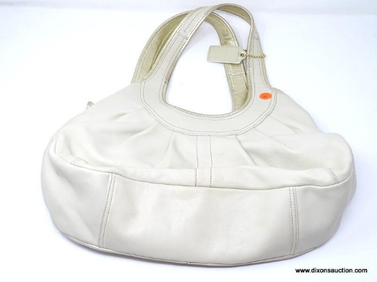 COACH BEIGE HOBO BAG WITH SNAP CENTER COMPARTMENT CLOSURE. MEASURES 15" X 8". SHOWS MINIMAL WEAR.