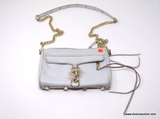 REBECCA MINKOFFLIGHT GREY LEATHER CROSSBODY BAG WITH CHAIN STRAP. MEASURES APPROX. 9" X 6.5".