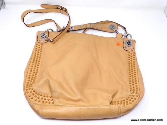 REBECCA MINK OFFTAN LEATHER HOBO BAG WITH STUD DETAILING AND ZIPPER CLOSURE. MEASURES APPROX. 16" X
