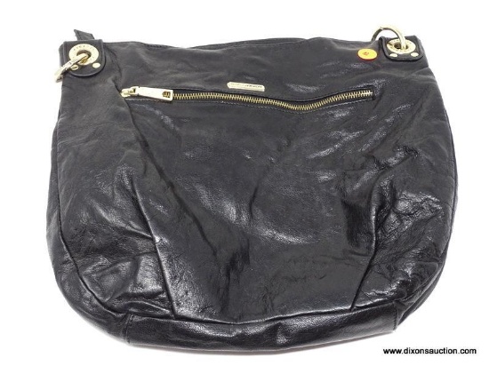 REBECCA MINKOFF BLACK LEATHER HOBO BAG (MISSING STRAP) WITH STUD DETAILING. MEASURES APPROX. 14" X