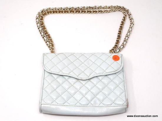 REBECCA MINKOFF PALE MINT GREEN QUILTED LEATHER CROSSBODY WITH CHAIN STRAP. MEASURES APPROX. 8" X