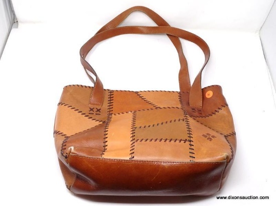 PATRICIA NASH LEATHER PATCHWORK HANDBAG WITH STITCHWORK DETAILING. MEASURES APPROX. 15.5" X 11".