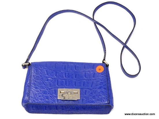 KATE SPADE ROYAL BLUE CROSSBODY WITH GOLD TONE FRONT LATCH. MEASURES APPROX. 8" X 5". SHOWS SIGNS OF