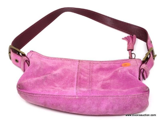 COACH PINK SUEDE HANDBAG WITH BUCKLE STRAP. MEASURES 9" X 4". SHOWS SIGNS OF WEAR AND STAINING.