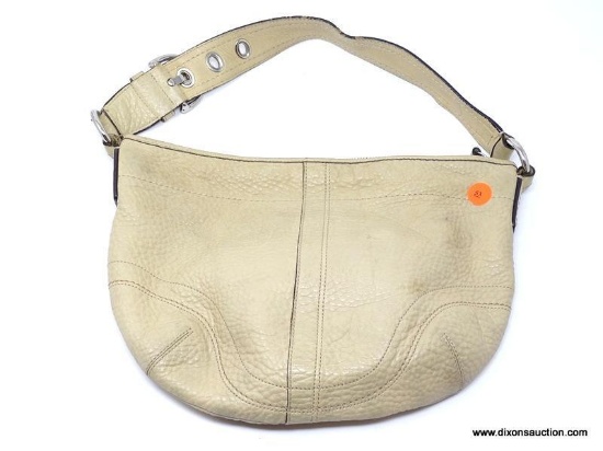 COACH BEIGE LEATHER HANDBAG WITH BUCKLE STRAP. MEASURES APPROX 13" X 9". SHOWS SIGNS OF WEAR.
