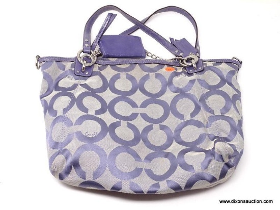 COACH PURPLE LOGO PRINT HANDBAG WITH ENVELOPE DETAIL. MEASURES APPROX. 15" X 11". COMES WITH