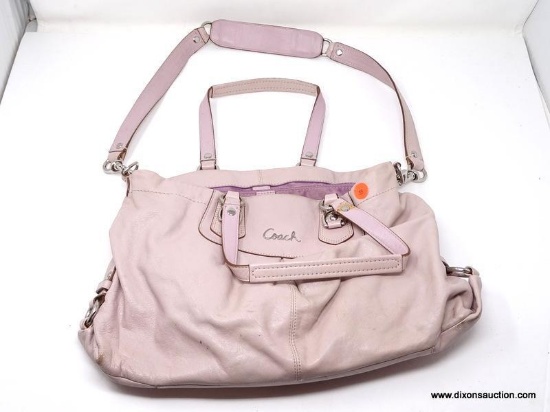 COACH LIGHT PURPLE LEATHER HOBO HANDBAG. MEASURES APPROX.. 16" X 10". SHOWS SIGNS OF WEAR.