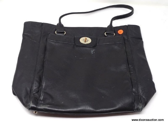 KATE SPADE BLACK LEATHER HANDBAG WITH LARGE FRONT POCKET. MEASURES APPROX. 17" X 14". SHOWS SIGNS OF
