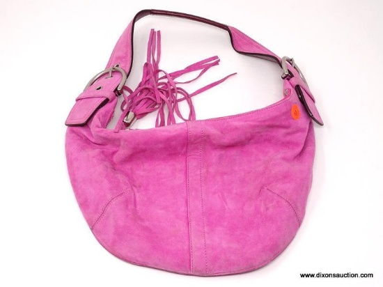 COACH PINK SUEDE HANDBAG WITH BUCKLE STRAP. MEASURES 13" X 8". SHOWS SIGNS OF WEAR AND STAINING.