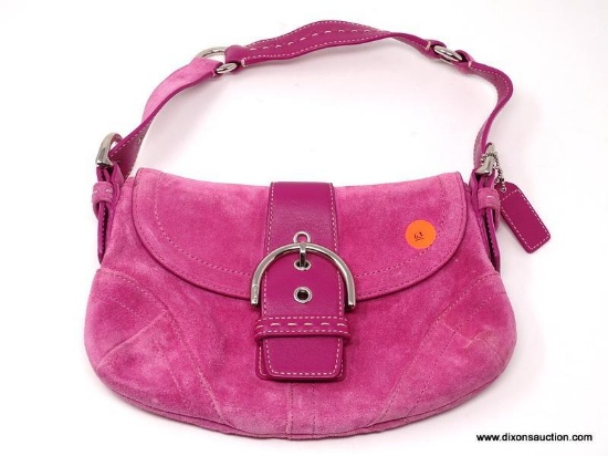 COACH PINK SUEDE HANDBAG WITH BUCKLE STRAP. MEASURES 9.5" X 6.5". SHOWS SIGNS OF WEAR AND STAINING.