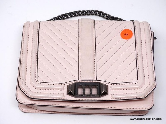 REBECCA MINKOFF PALE PINK CROSSBODY WITH CHAIN STRAP. MISSING FRONT LATCH. MEASURES APPROX. 8" X