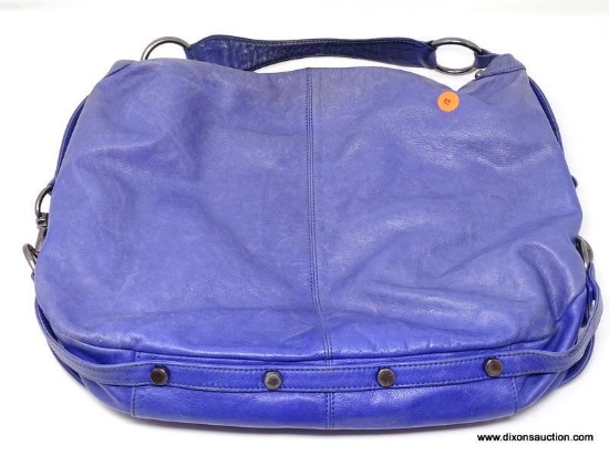REBECCA MINKOFF PURPLE/BLUE HOBO BAG. MEASURES APPROX. 18" X 14". SHOWS SIGNS OF WEAR.