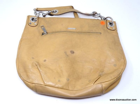 REBECCA MINKOFF TAN HANDBAG WITH METAL STUDS AND STRAP. MEASURES APPROX. 15.5" X 12". SHOWS SIGNS OF