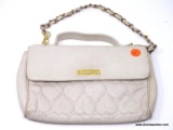 MOSCHINO BEIGE COLORED HEART QUILTED LEATHER CLUTCH/HANDBAG WITH FRONT FLAP. MEASURES APPROX. 9