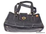COACH BLACK LEATHER LOGO HANDBAG WITH GOLD TONE DETAILING. FRONT CLOSURE IS MISSING. MEASURES