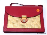 KATE SPADE SATURDAY RED LEATHER ENVELOPE SHOULDER BAG WITH WOVEN DETAILING. MEASURES APPROX 10