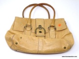 COACH TAN LEATHER HANDBAG WITH RHINESTONE AND STUD DETAILING. MEASURES 15
