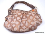 COACH BRONZE LOGO PRINT SATCHEL WITH SIDE POCKETS. MEASURES APPROX. 15