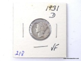 1931-D VERY FINE MERCURY DIME.