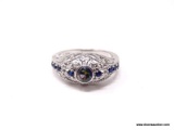 .925 STERLING SILVER LADIES 3/4 CT FILIGREE SAPPHIRE RING. SIZE 8.