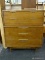 KENT-COFFEY MID-CENTURY MODERN CHEST OF DRAWERS WITH 2 UPPER DRAWERS AND 3 LOWER DRAWERS. HAS METAL