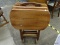 SOLID MAHOGANY TV DINNER TABLES WITH STAND. FOLD FOR EASY STORAGE! STAND MEASURES 12 IN X 12 IN X 32