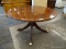 MAHOGANY BANDED TOP ROUND DINETTE TABLE WITH DUNCAN PHYFE BASE AND BRASS CAPPED FEET. MEASURES 48 IN