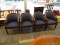 SET OF 4 BARREL BACK CHAIRS WITH BLUE STRIPED UPHOLSTERY AND MAHOGANY BONES. EACH CHAIR MEASURES 24