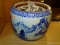 VINTAGE BLUE AND WHITE PAINTED ORIENTAL STYLE PLANTER WITH HAND PAINTED MOUNTAIN SCENE. MEASURES 15