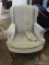 MAHOGANY QUEEN ANNE WING CHAIR WITH ROLLED ARMS, BLUE UPHOLSTERY, AND A BUTTON TUFTED SEAT. MEASURES