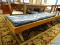 PINE AND BLUE LEATHER CUSHION BENCH WITH REMOVABLE CUSHION. IS 1 OF A PAIR. MEASURES 57 IN X 19.5 IN