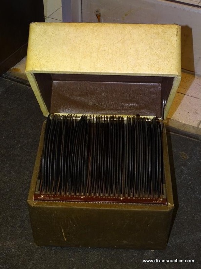 RECORD CONTAINER WITH CONTENTS TO INCLUDE ASSORTED PHONOGRAPH RECORDS WITH TITLES SUCH AS EVERY DOG