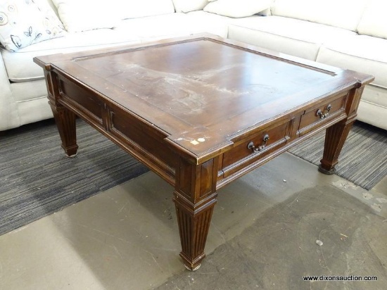 LANE SQUARE MAHOGANY COFFEE TABLE WITH REEDED TAPERED LEGS AND 1 DRAWER. MEASURES 44 IN X 44 IN X 20