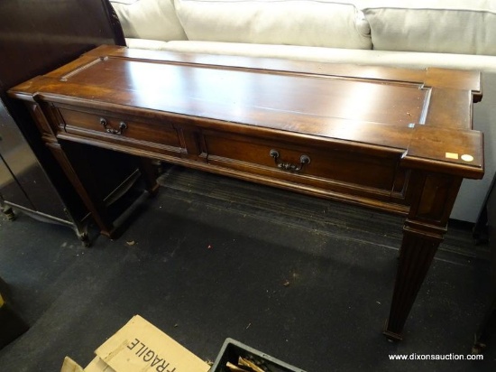 LANE MAHOGANY CONSOLE TABLE WITH REEDED TAPERED LEGS AND 2 DRAWERS. MEASURES 54 IN X 16.5 IN X 30.5